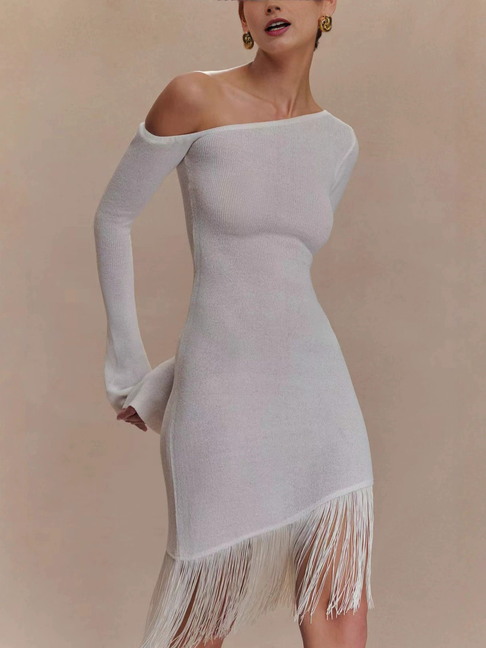 Zara New White Long Sleeve Tassel Maxi Dress Cutout One Shoulder